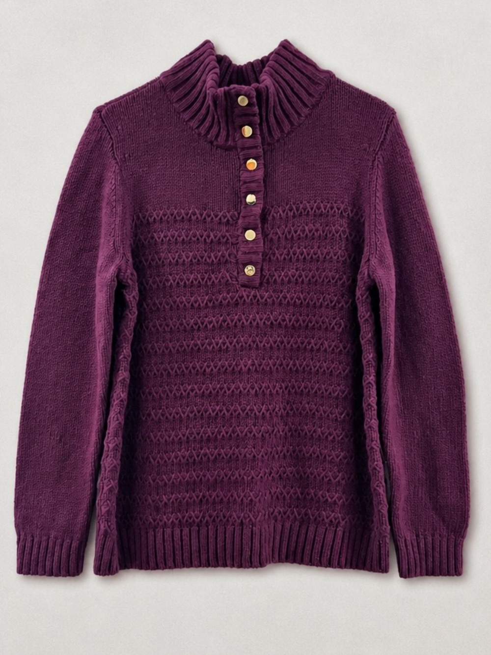 Talbots Plum Button-Front Cable Mock Neck Sweater